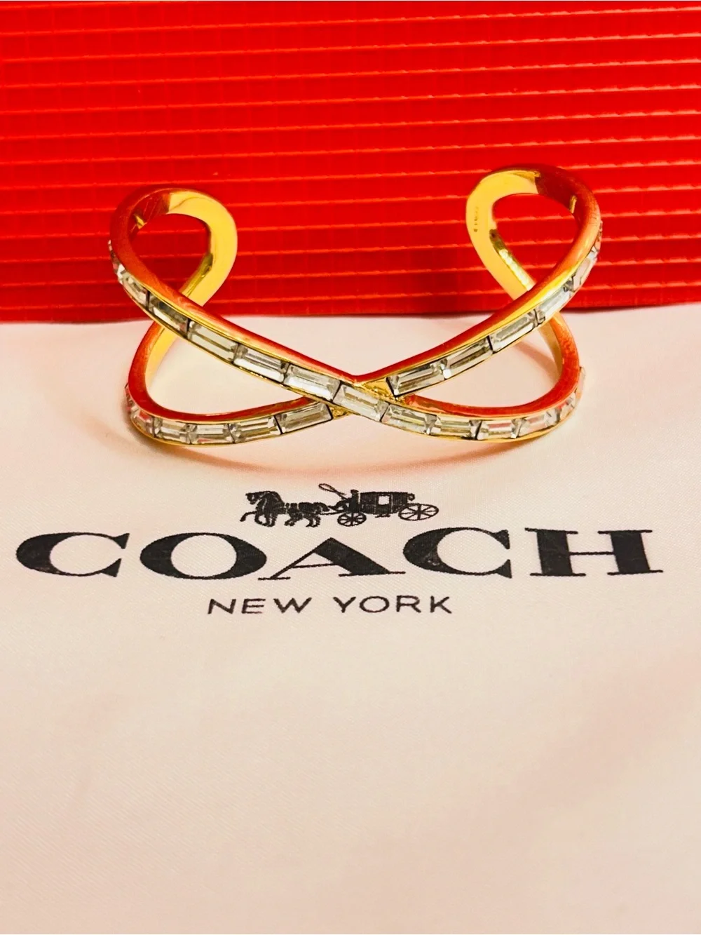 RARE Coach Gold Tone Crystal Crisscross Cuff Bracelet